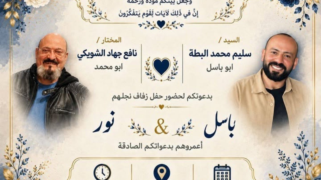 دعوة حفل زفاف الشاب باسل سليم محمد البطة